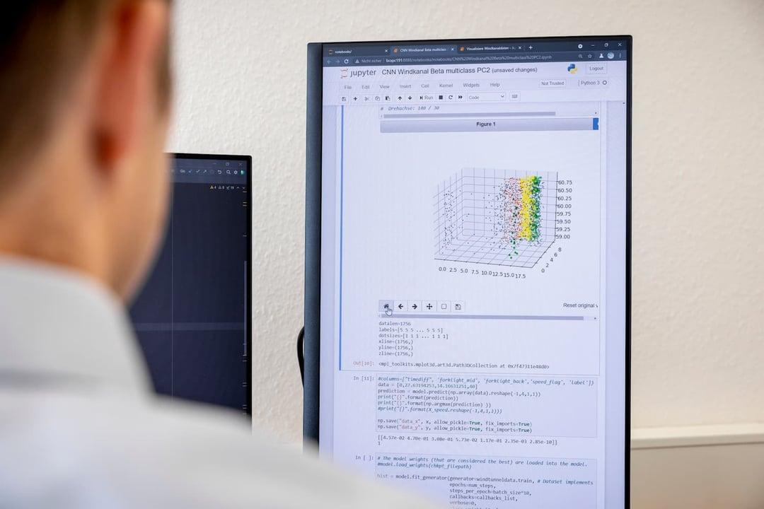 Data analyst AI Man looking at screen with data analysis